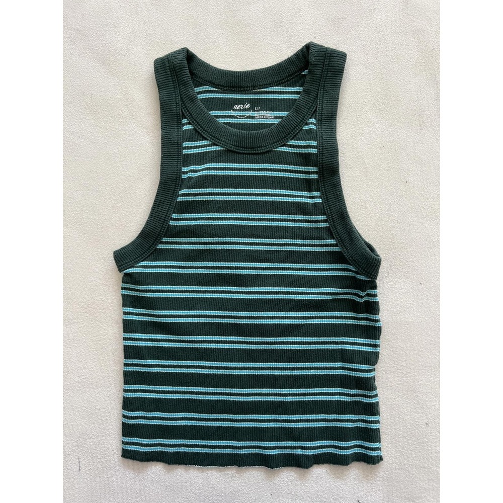 Aerie Striped Ribbed High Neck Tank Top Green Blue Small S/P